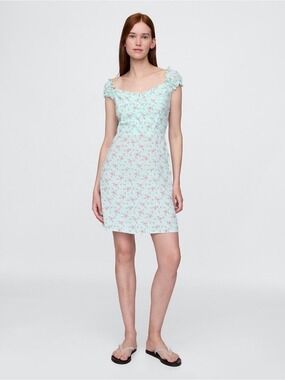 Gap Floral Puff Sleeve Mini Dress Sweetheart Neckline Smocked Back Small Blue